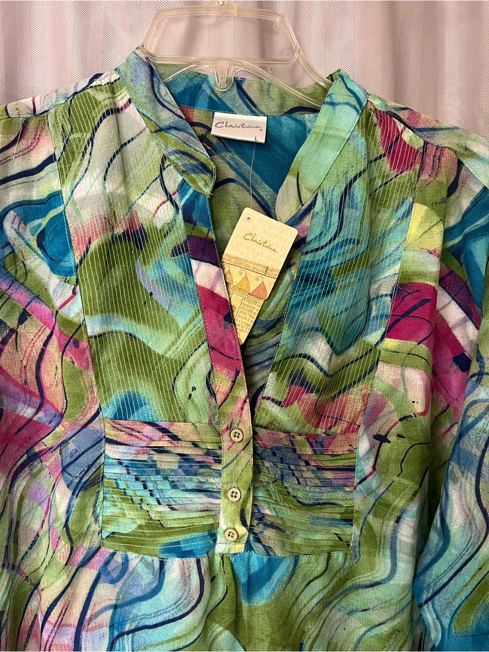 Christina 100% Silk Abstract Wave-Print Tunic - Blue/Green/Pink size Large NWT - Picture 3 of 9